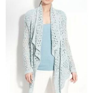 St. John knit crochet blue draped long‎ sleeve cardigan sweater ruffle large